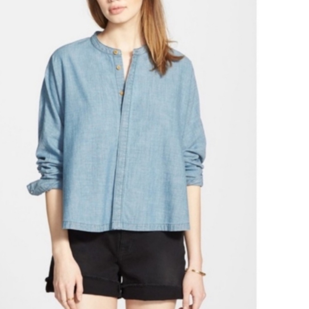 Madewell Chambray Hidden Button Up Shirt Mock Neck Womens Size Small Long Sleeve